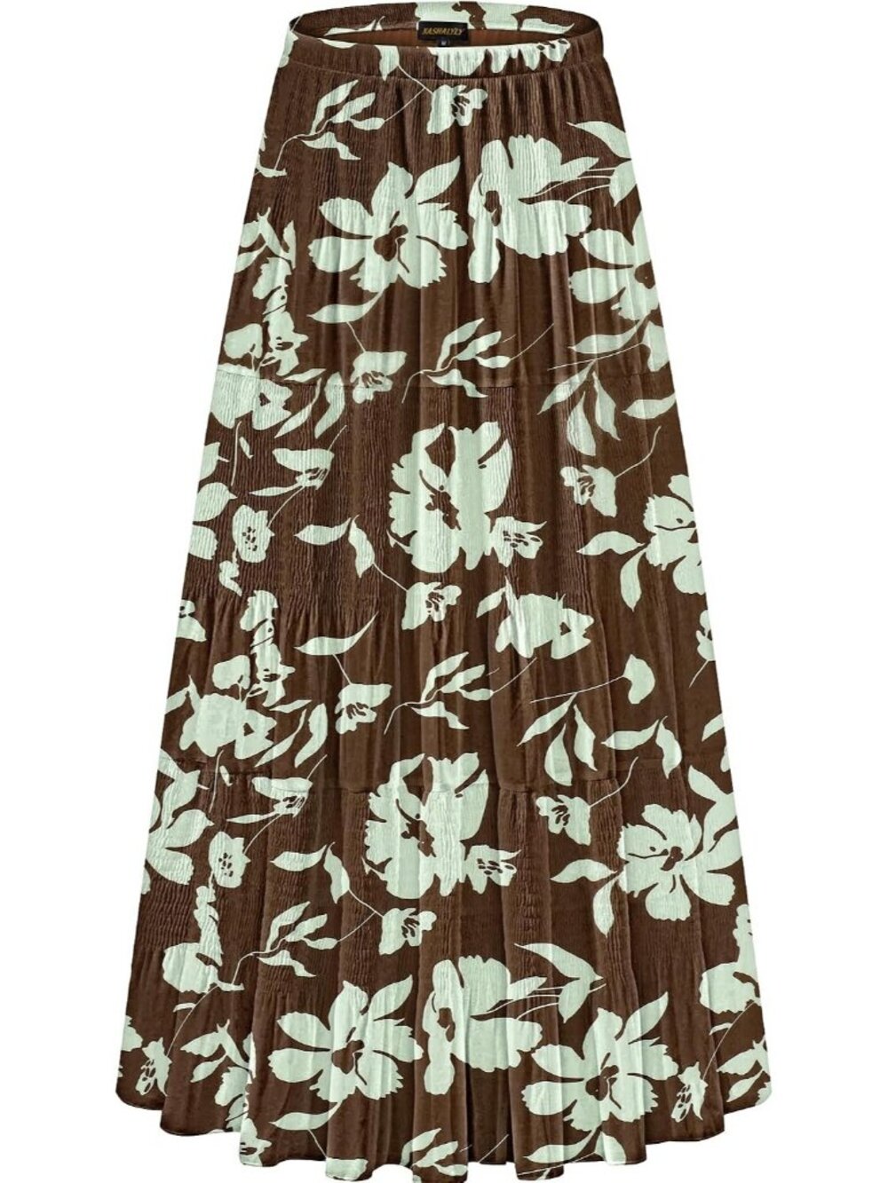 Women's Brown/White Floral Chiffon Elastic High Waist Pleated A-Line Long Skirt